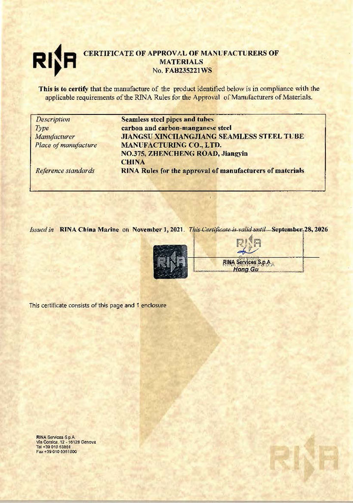 Certificado de la Sociedad de Clasificación Italiana RINA