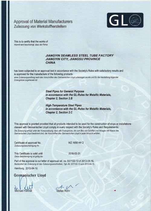 Certificado de la Sociedad de Clasificación GL alemana